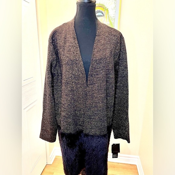 🆕Alfani Prima  Luxe metallic gold/black knit w/faux fur btm panel cardigan ✨ - Picture 3 of 13